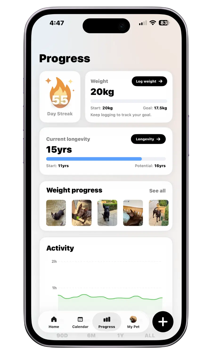 Pawgevity progress and streaks screen
